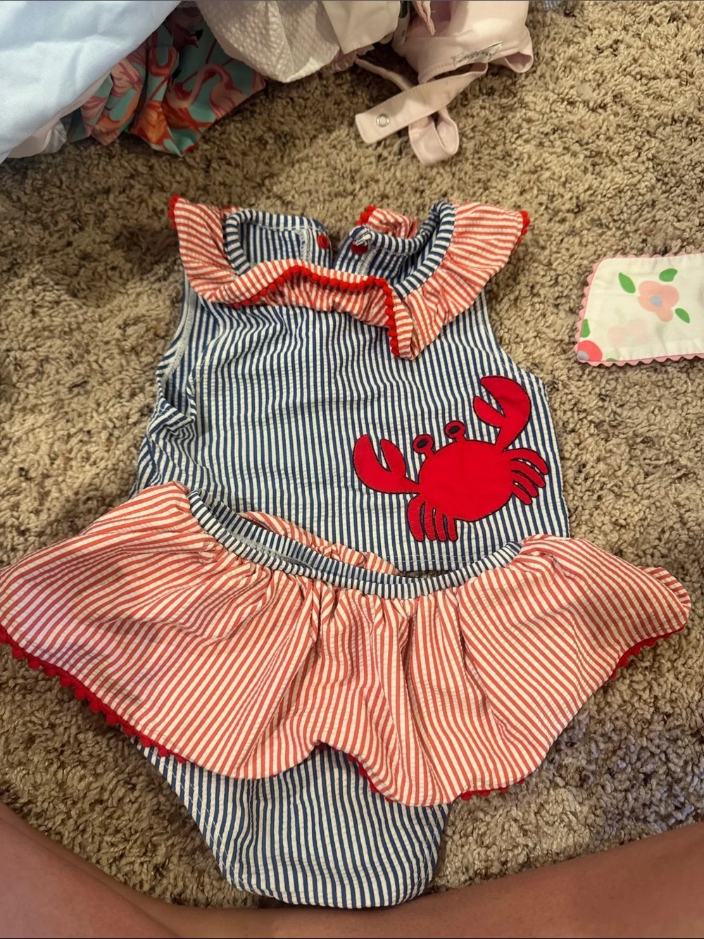 Kids Crab Appliqué Striped One-Piece Swimsuit - Red & Blue